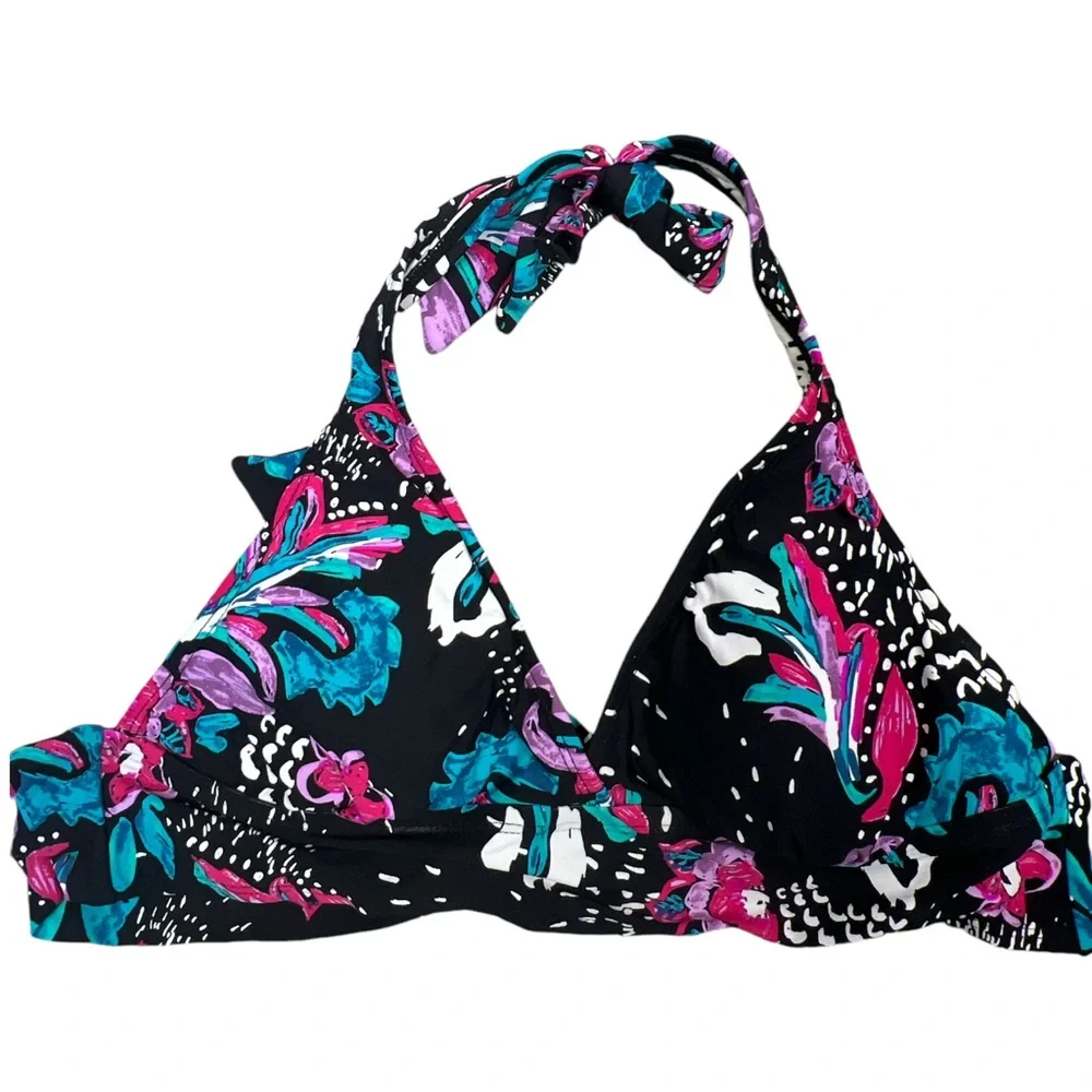Anne Cole Floral Polka Dot‎ Black Pink Halter Top Two Piece Bikini Set Size XS